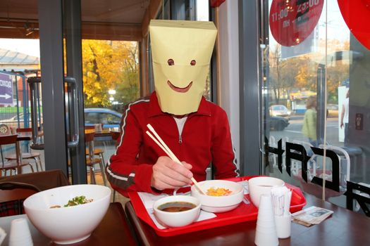 Funny Smiling Man in Japanese Restaurant, Fun, Humor