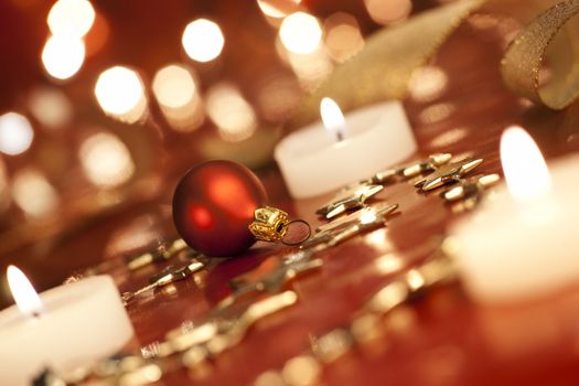 Christmas decoration with bauble. Focus on bauble, aRGB.