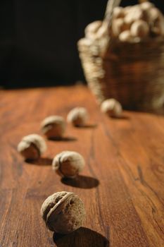 path from nuts on wooden surface loading to basket with nuts