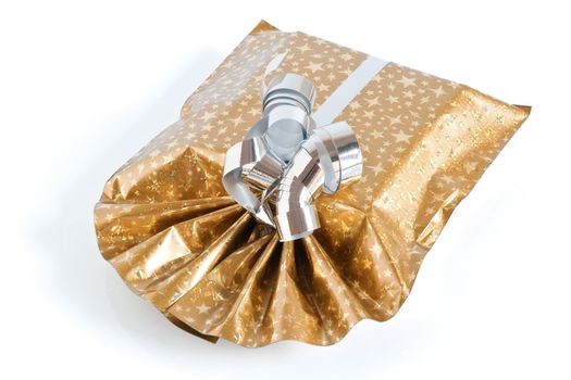 golden gift box with silver ribbon isolated on white background with clipping path