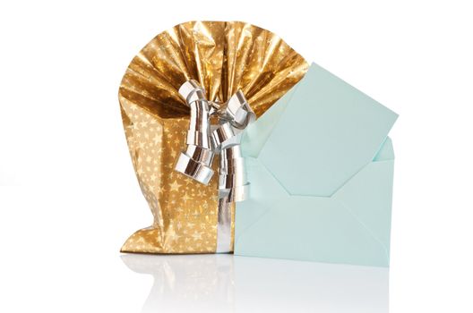 golden gift box with silver ribbon and green letter  isolated on white background with clipping path