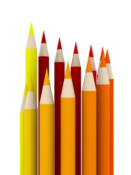 Red Crayons standing in a Circle. Symbolic for the red Color spectrum. 3D rendered Illustration.