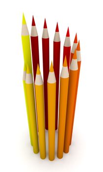 Red Crayons standing in a Circle. Symbolic for the red Color spectrum. 3D rendered Illustration.