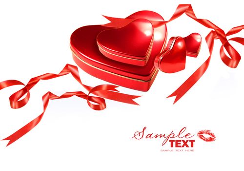 Valentine hearts with red ribbons on white background