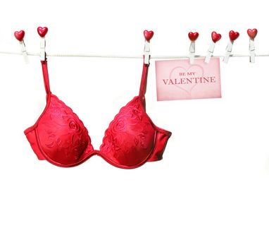 Fancy red bra hanging on clothesline with white background