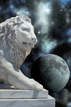 white lion statue and planet among stars in cosmos