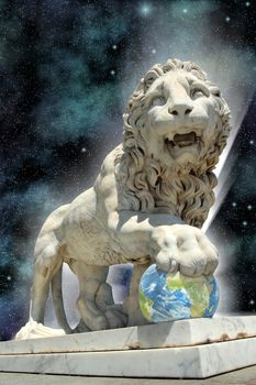 lion statue with earth in open cosmos space