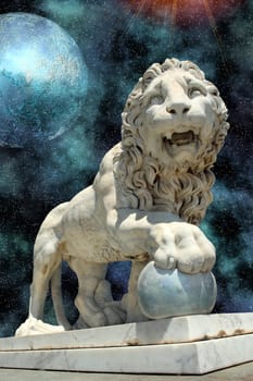 lion statue with blue planet in open cosmos space