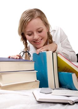 schoolgirl or student looking at books, separate on white