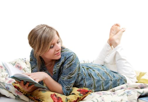 woman is reading book, separate on white