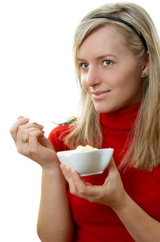 beautiful girl eating ice cream, separate on white