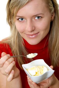 beautiful girl eating ice cream, separate on white