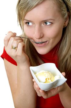 beautiful girl eating ice cream, separate on white