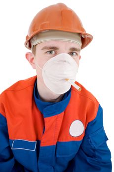 Man in respirator with cigarette in teeth