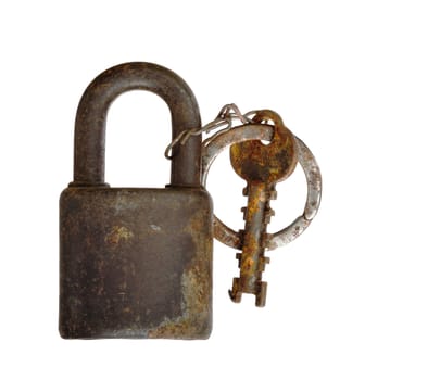 Shot of the old and rusty pendulum lock with key - isolated