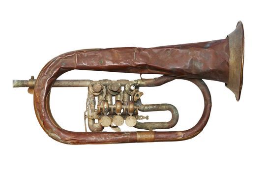 Shot of the old broken and crumpled trumpet - isolated