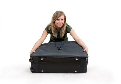 girl is packing clothes, separate on white