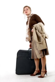 beauty woman with huge bag is standing on station, separate on white