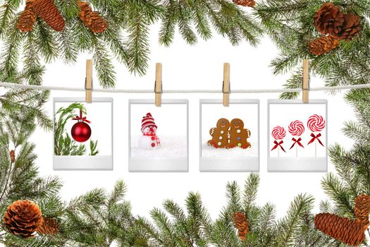 Green Tree Branches and Film Blanks With Christmas Pictures on White Background