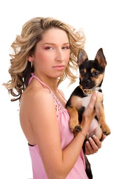 Young atrractive woman with a small dog on isolated white