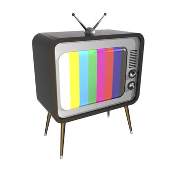 3D illustration of retro TV. Color check pattern on screen.