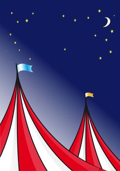 Circus tent background and a night sky with stars and moon.