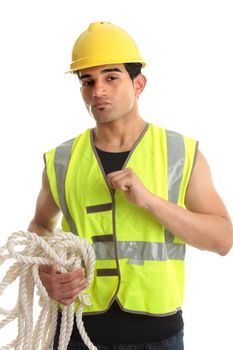 A male construction worker, builder, etc wearing protective clothing.