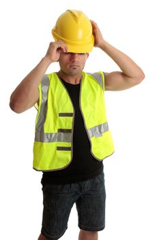 Construction worker, builder, putting on a hard hat, safety regulations, OH&S