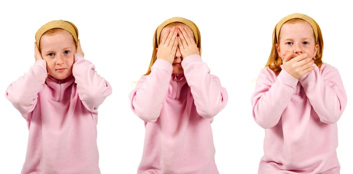 hear no evil, see no evil, speak no evil , girl isolated on white background