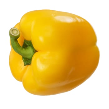 The yellow Bulgarian pepper with a green branch lying on a table
