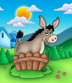 Cute donkey behind fence - color illustration.