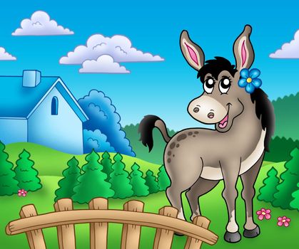 Donkey with flower behind fence - color illustration.