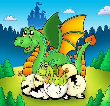Dragon mom with baby in forest - color illustration.