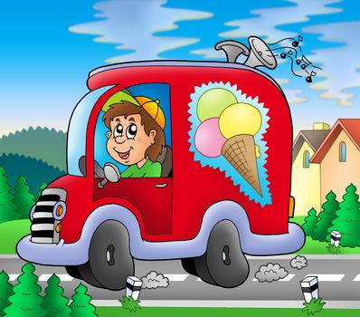 Ice cream man driving red car - color illustration.
