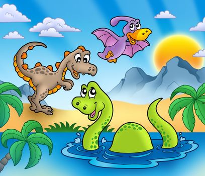 Landscape with dinosaurs 1 - color illustration.