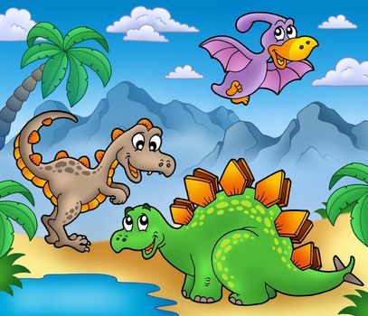Landscape with dinosaurs 2 - color illustration.