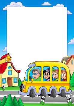 School frame with bus and kids - color illustration.