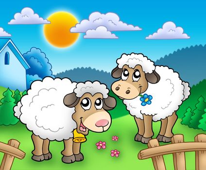 Two cute sheep behind fence - color illustration.