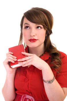 Cute girl in red dress and her diary