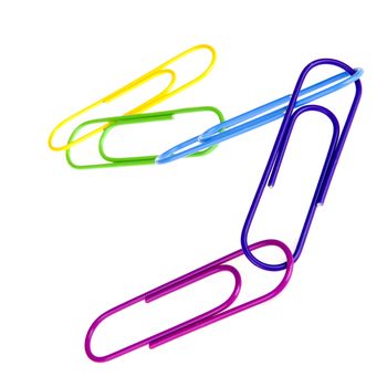 five colorful paperclips on a white background
