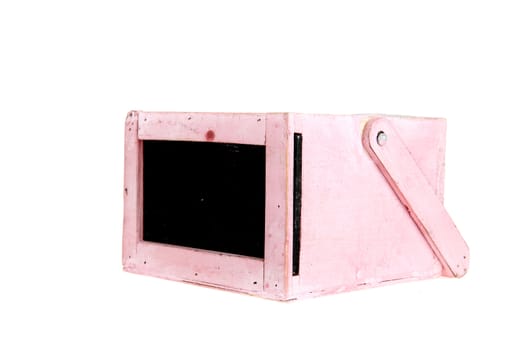 a pink wooden tray with a blackboard in the front