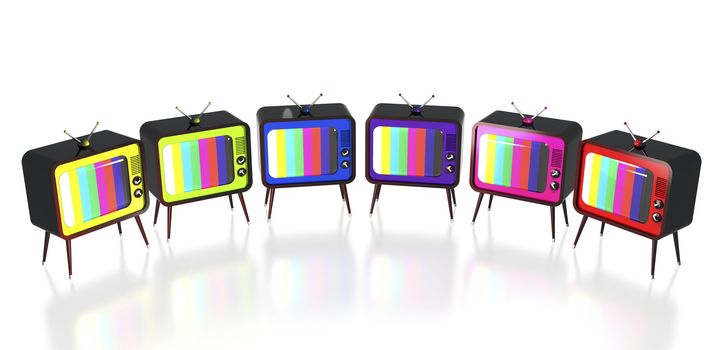 Set of colorful retro tv's arranged in row