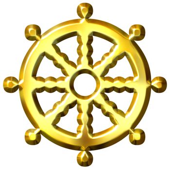 3d golden Buddhism symbol Wheel of Dharma isolated in white. Represents Buddha's teaching of the path to enlightenment,