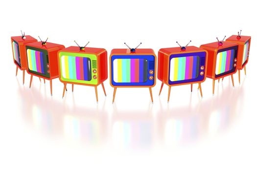 Set of orange retro tv's arranged in row