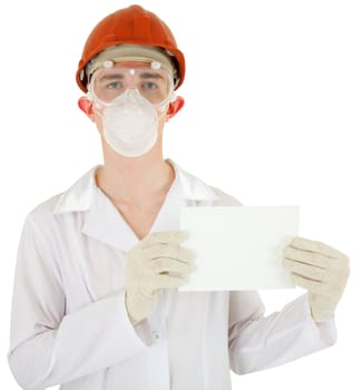 Man in garb scientist keeps white sheet of paper