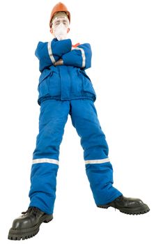 Labourer on the helmet and respirator on a white background