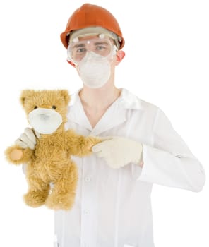 Scientist on the helmet with bear on a white background