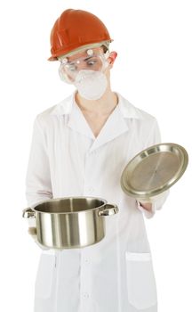 Scientist on the helmet with pan on a white background