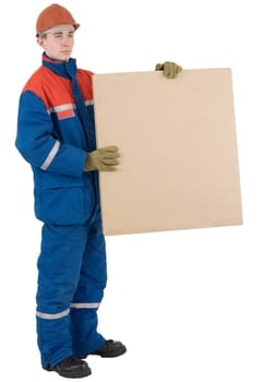 Worker on the helmet with box on a white background