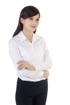 Portrait of friendly business woman standing and thinking against white background.